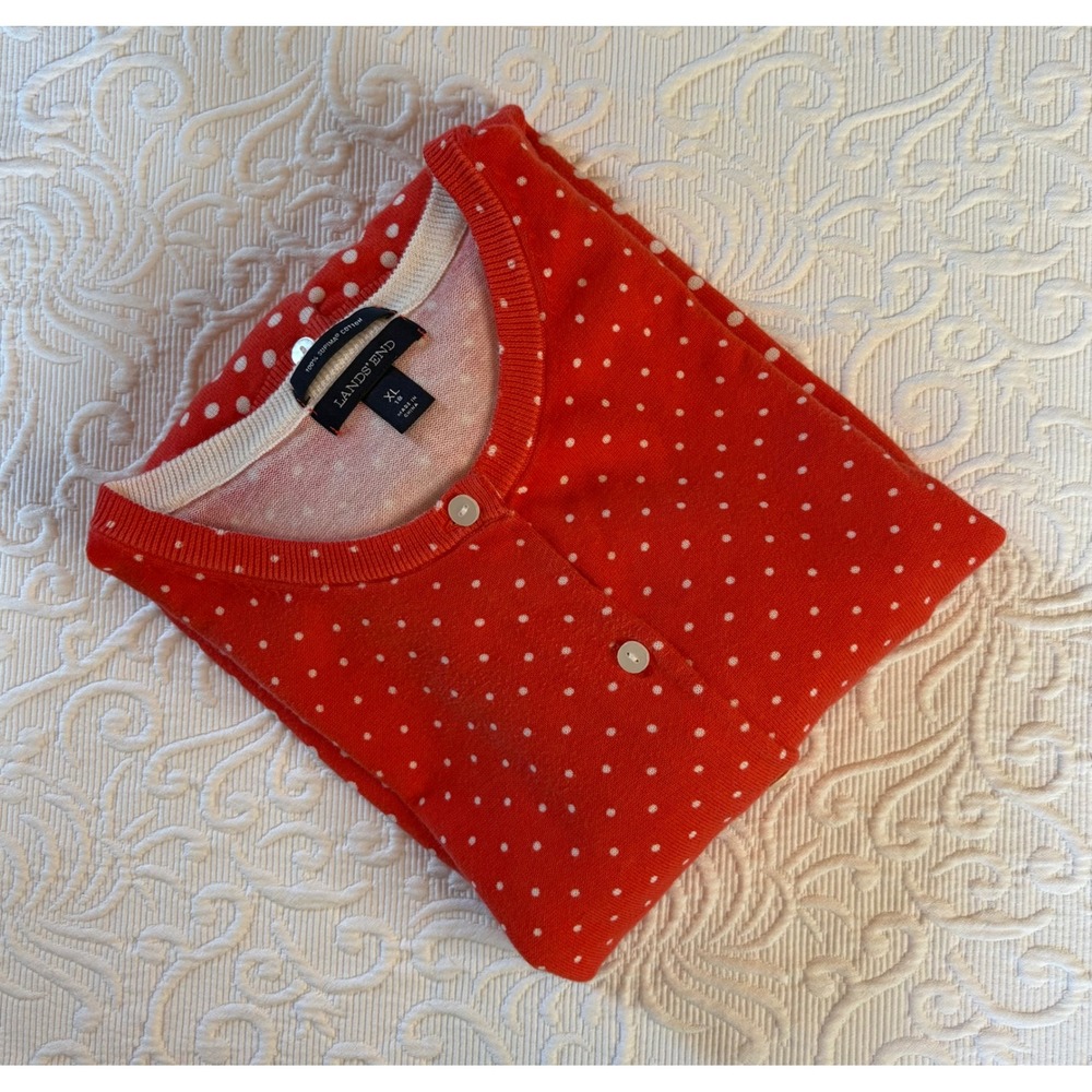 Lands End Polka Supima Cotton Cardigan Sweater Orange Desert Dot Women XL